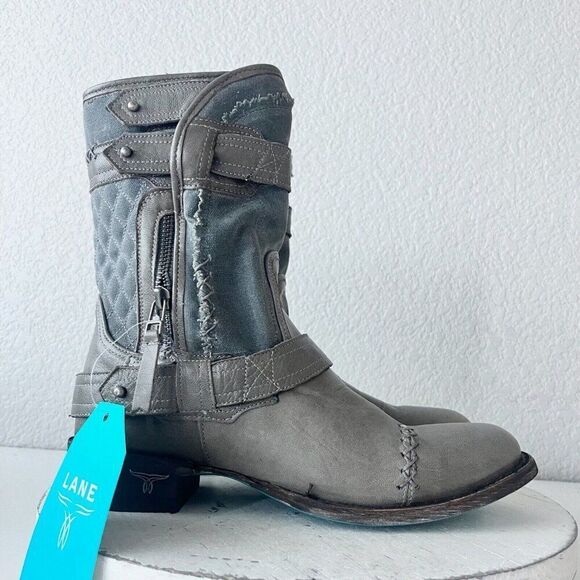 NEW Lane Boots Womens Gray Leather Canvas Mid-Calf Western Moto Style Zip Size 8 - Picture 2 of 12